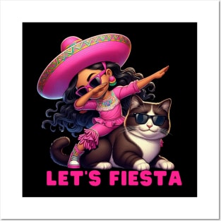 Let's Fiesta Dabbing girl Dancer on Cat's Back Happy Cinco de Mayo  wearing sunglasses Posters and Art